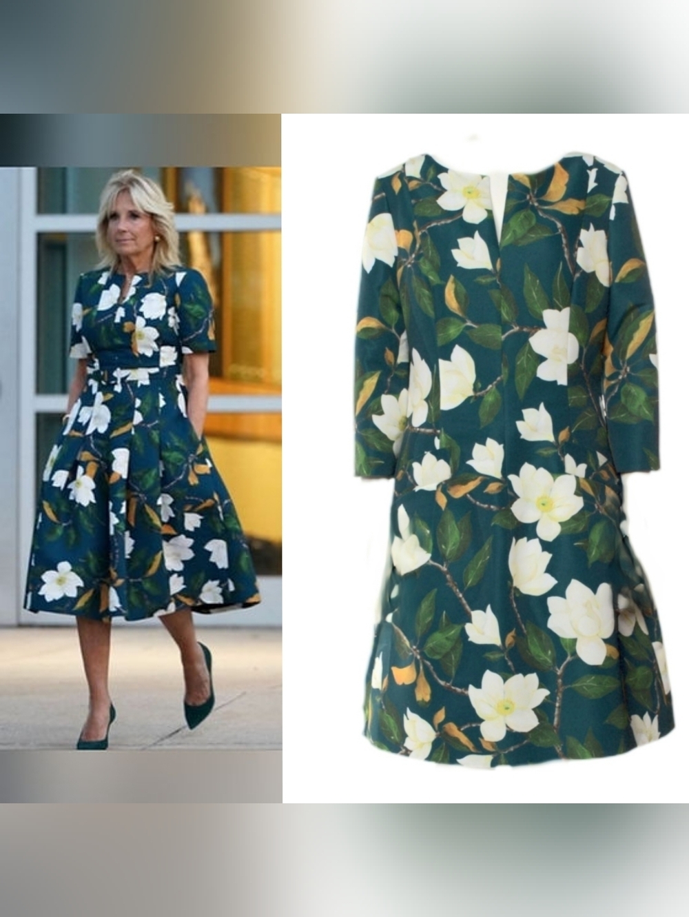 $3,400 OSCAR DE LA RENTA GREEN MAGNOLIA 3/4 SLEEVE RUNWAY DRESS US 12